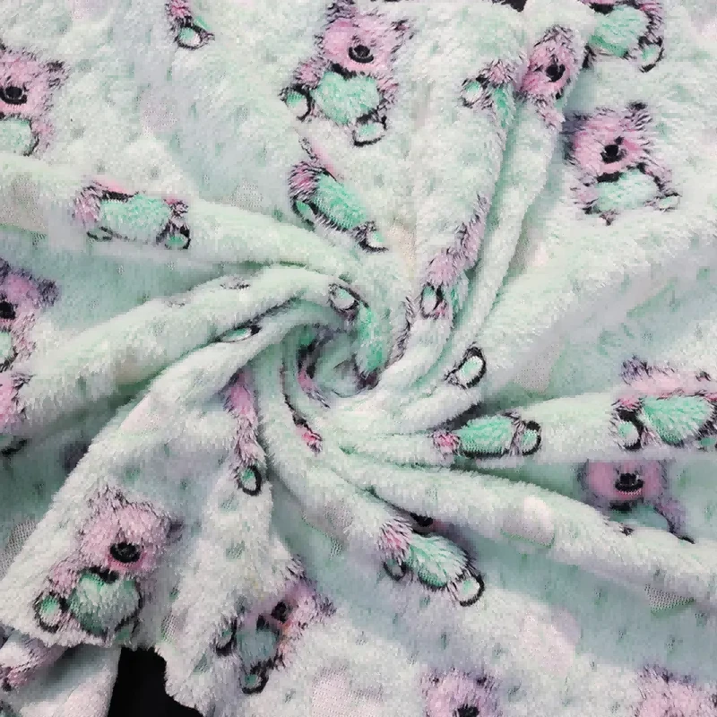 Tecido de lã coral estampado com ursinho de pelúcia em relevo